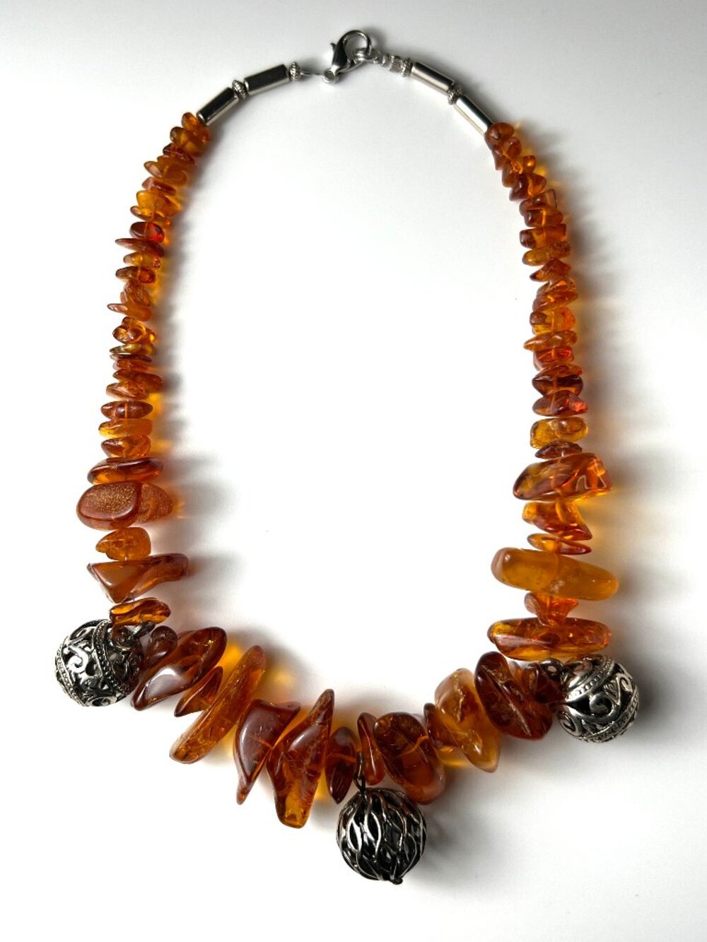 Vintage Baltic Cognac Amber Nugget & Silver Filigree Bead Statement Necklace